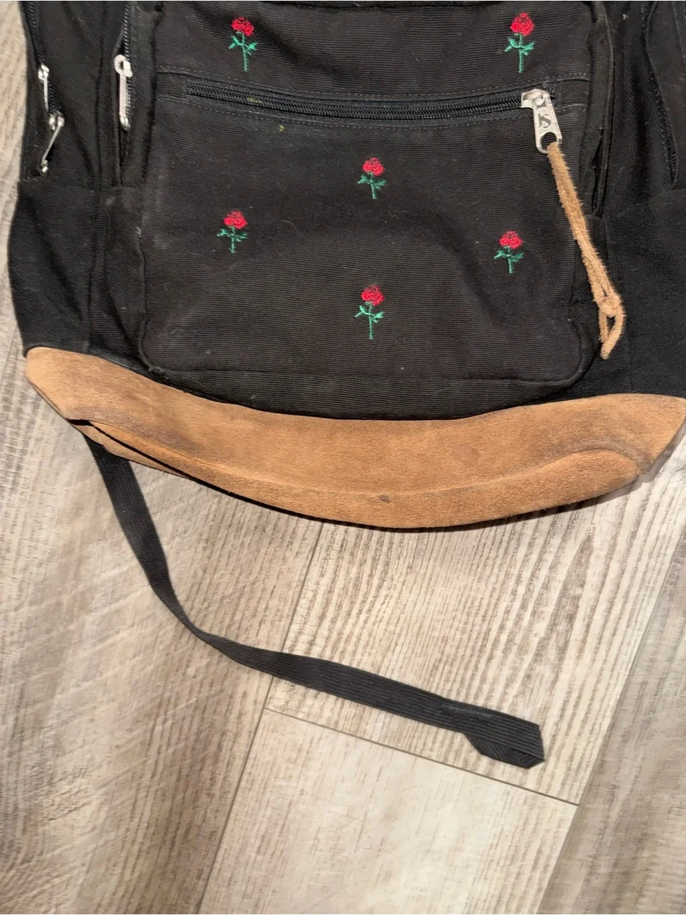Vtg 90s Y2k JanSport Expressions backpack embroider red roses black brown suede - Picture 8 of 13